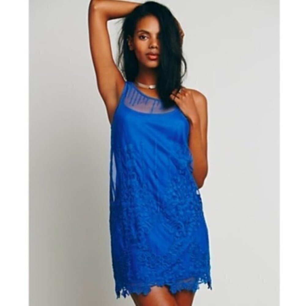 Free People Troy Embroidered Mesh Slip Mini Dress Size Medium Blue